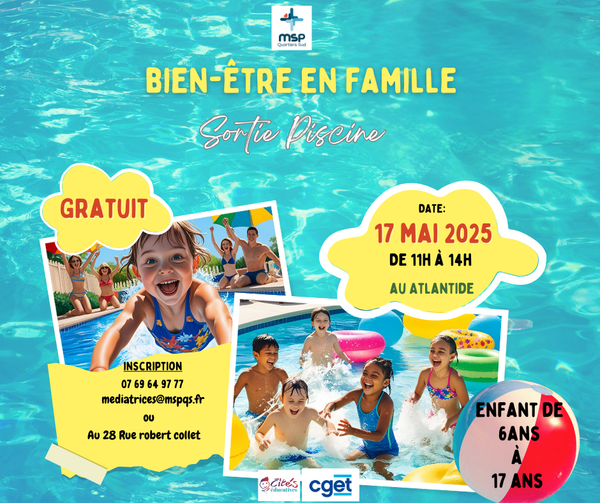 Sortie piscine gratuite, destinée aux enfants de 6 à 17 ans, accompagnés de leurs parents.