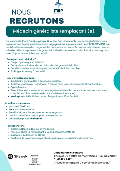 🩺 La MSP MULTISITE DES QUARTIERS SUD LE MANS recherche des médecins généralistes remplaçants !