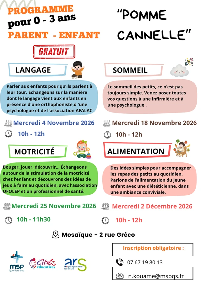 🍎🌸« Pomme cannelle »:  des ateliers parent-enfant pour les 0-3 ans !