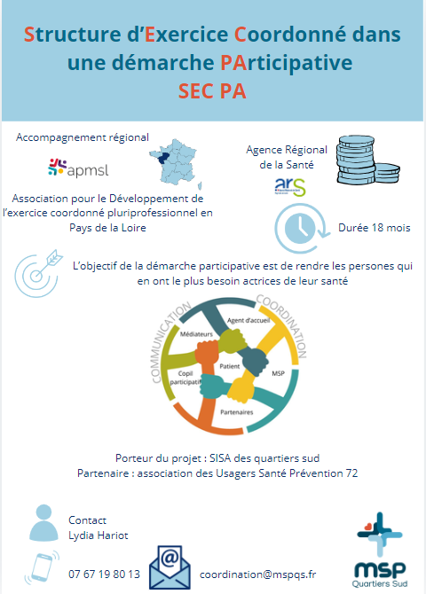 Le projet vise à renforcer l'acculturation des professionnels de la Maison de Santé Pluridisciplinaire (MSP) à la démarche participative en SEC pa à travers la formation continue, des groupes de travail thématiques et des webinaires. Il prévoit également de former le président de l'association des usagers et d'autres membres à l'animation de groupe, aux techniques de communication et à la démarche SecPa.  L'initiative inclut le repérage des usagers pairs au sein de l'association et la création de rencontres entre les populations vulnérables et les professionnels de santé, en adoptant une approche proactive et de proximité. Le projet encourage les actions collectives de promotion de la santé, particulièrement auprès des populations vulnérables, en impliquant différentes générations avec l'aide des professionnels du soin et de la prévention. Enfin, il vise à transmettre des messages de prévention et à fournir des réponses sur les thématiques de la santé communautaire.